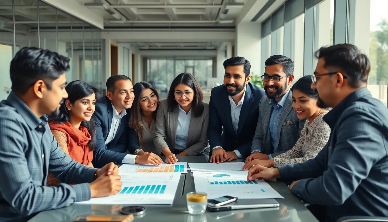 A diverse group of Indian professionals in a modern Bangalore office discussing financial growth charts with a positive outlook.