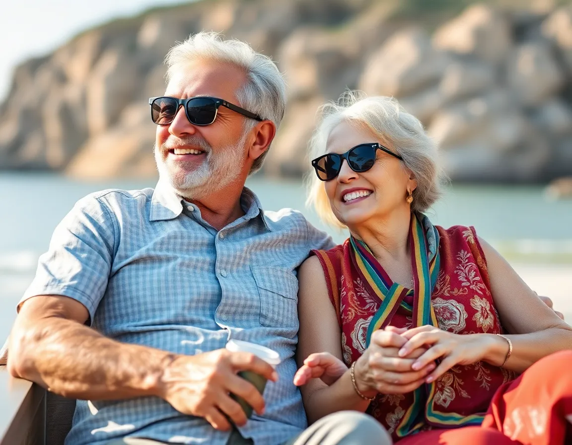 A happy senior couple enjoying a vacation, symbolizing a financially secure retirement.