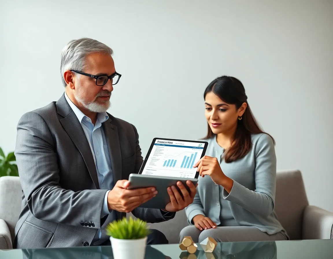 A senior financial advisor at ProfitCompass presenting a customized financial plan on a tablet to a young, attentive couple in a professional setting.