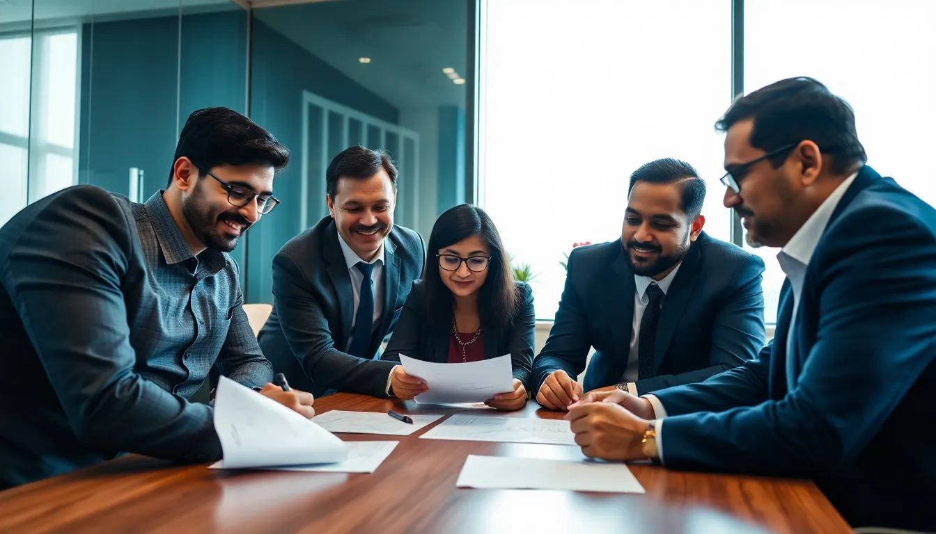 The ProfitCompass Advisory team collaborating around a conference table in their Bangalore office, looking at financial documents with a focused and positive expression.